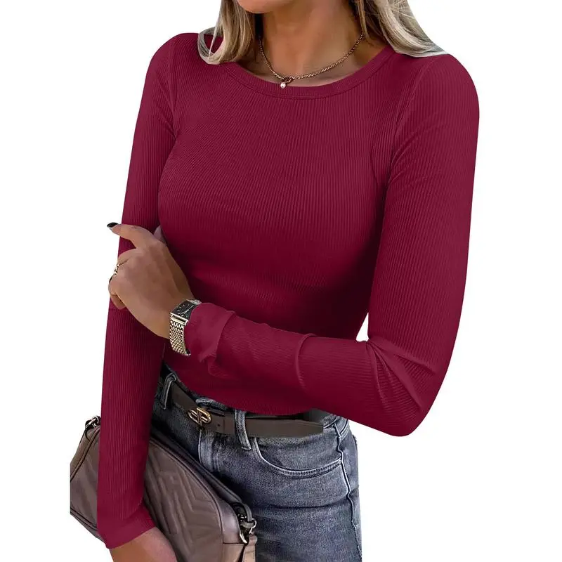 Women Long Sleeve Crewneck Rib Knit Slim Fit Shirts