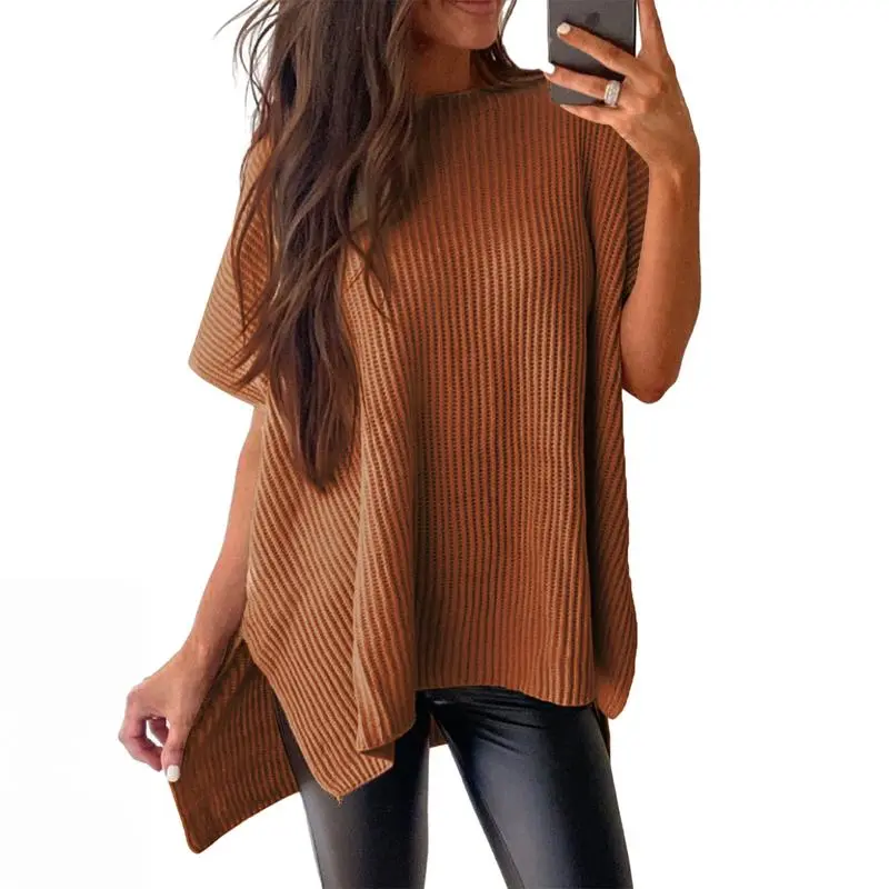 Women’s Oversized Knit Top – Casual Crew Neck Short Sleeve Sweater with Side Slit