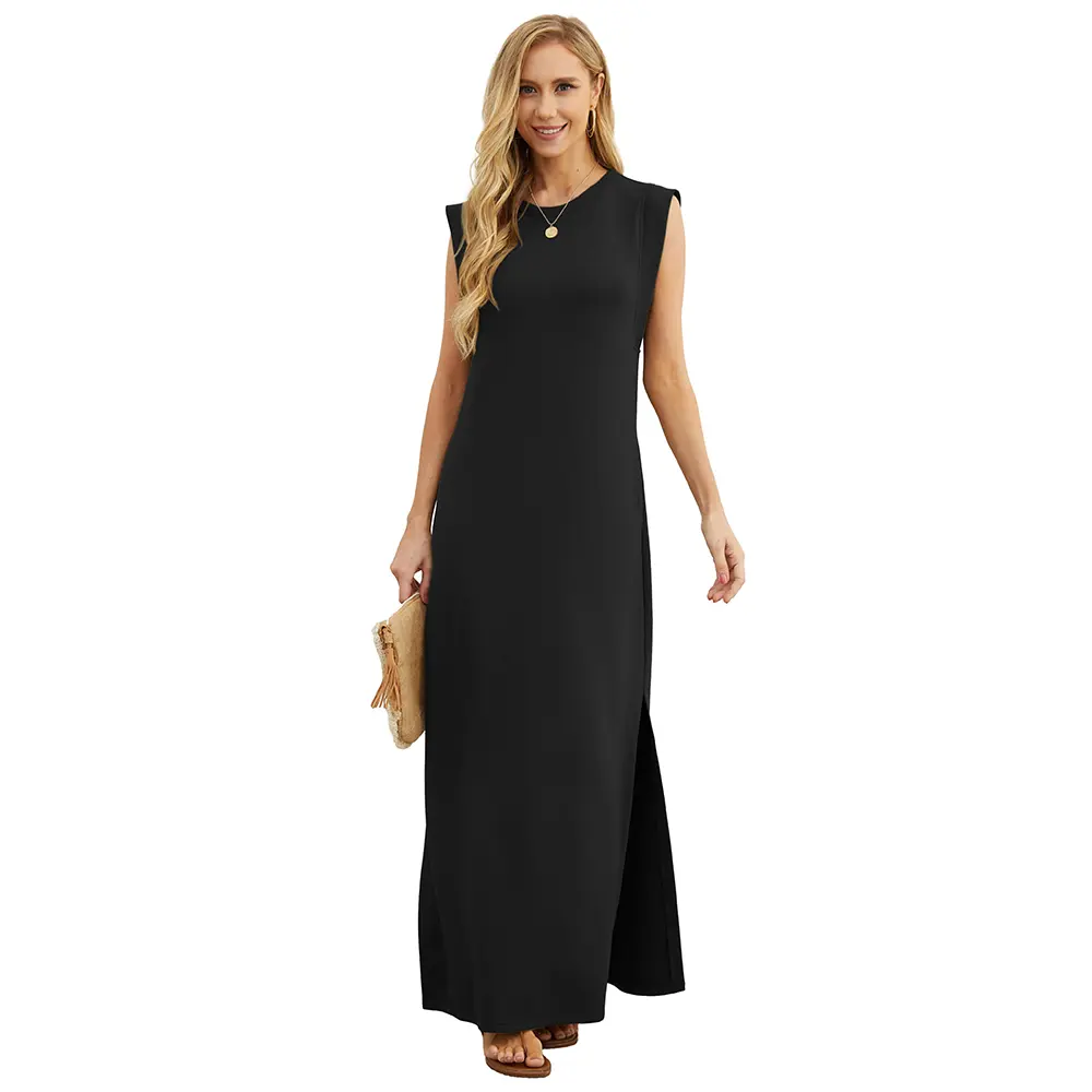 2026 Women Summer Round Neck Casual Loose Split Wrinkle-Free Long Maxi Vacation Dress with Pockets