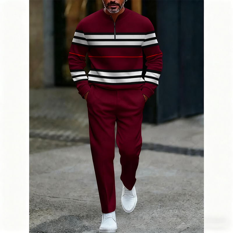 Men’s 2-Piece Khaki Casual Sports Set – Soft Knit Fabric, Contrast Stripe Design