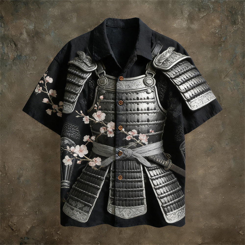 Japanese Samurai Armor Pattern Vintage Men's Linen Short Sleeve Shirt
