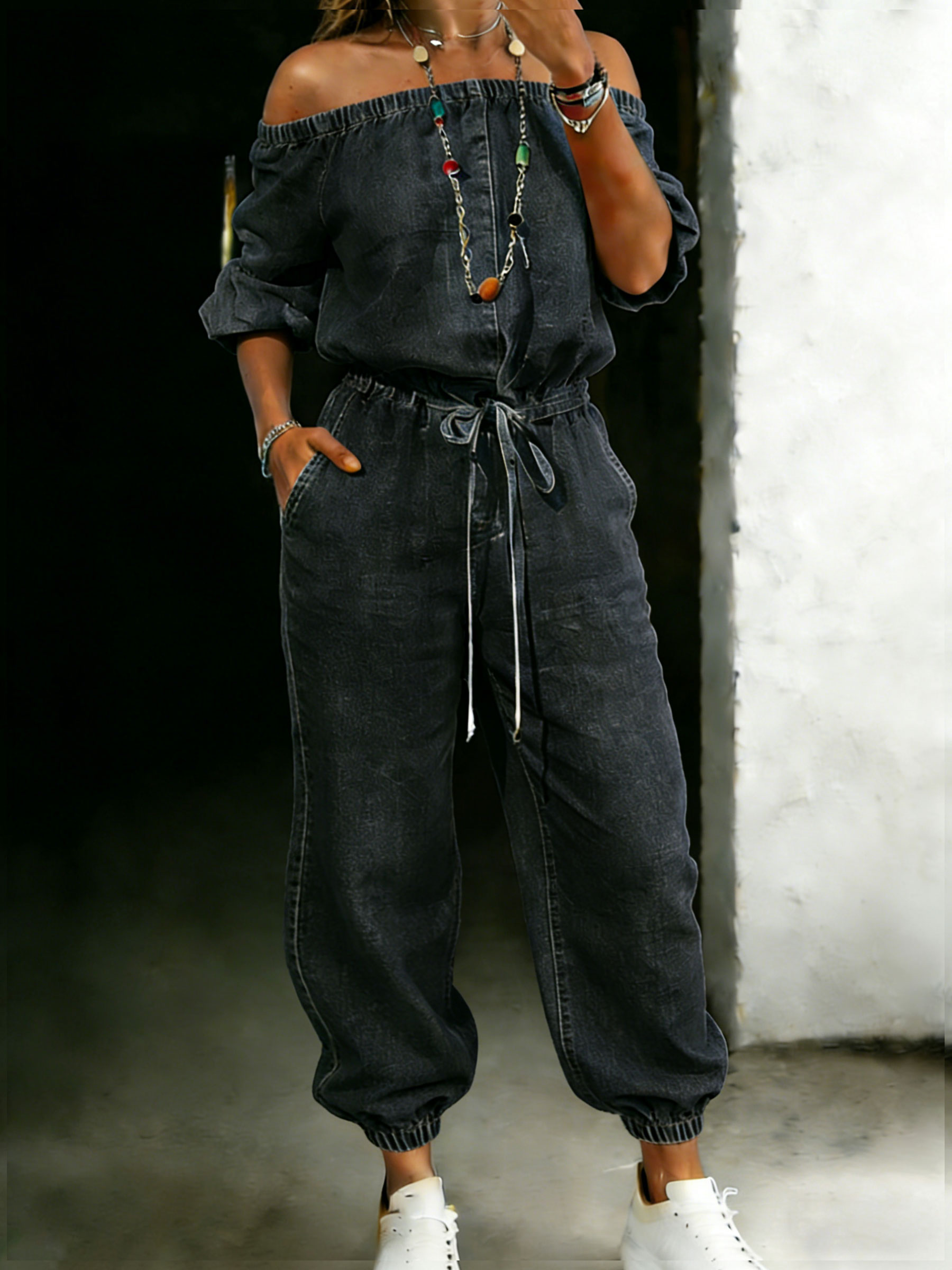 Women’s Casaul Off Shoulder Cotton One Piece Denim Jumpsuit