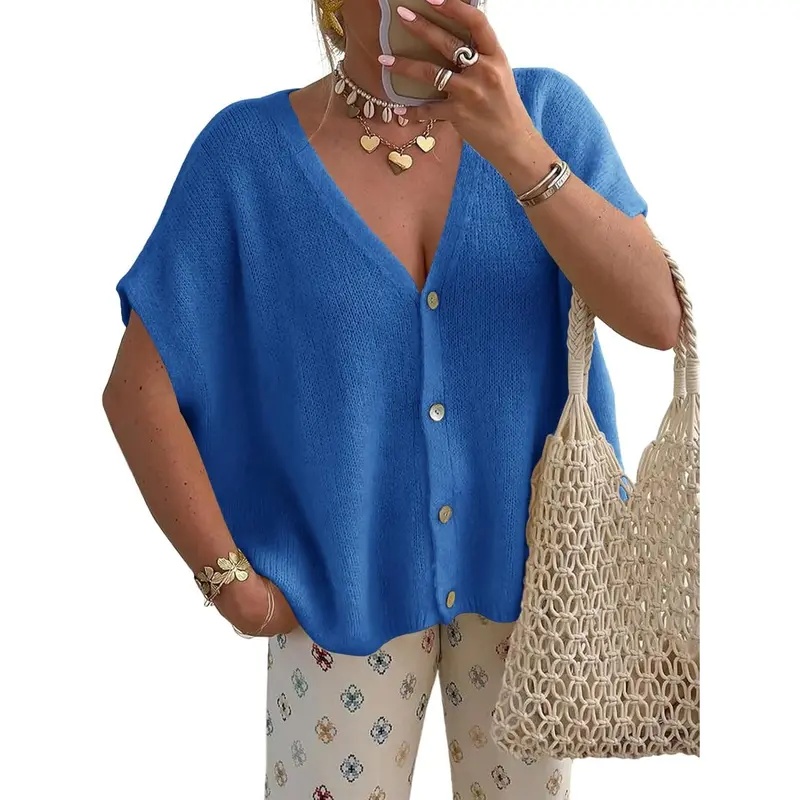 Womens Fall Oversized Cardigans Batwing Short Sleeve Lightweight Button V Neck Casual Knit Sweater Tops