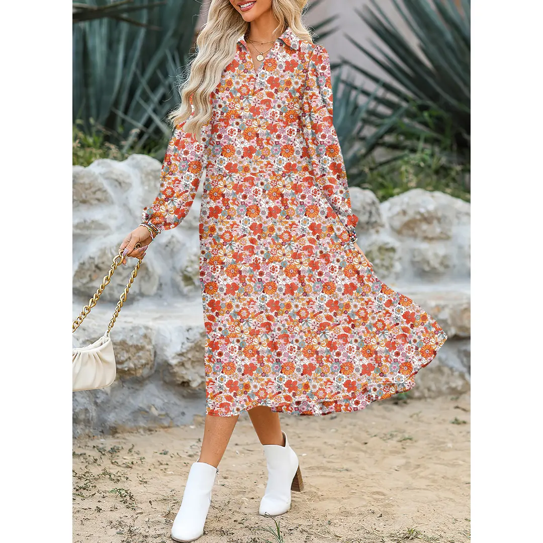 Women's Casual Bohemian Floral Dress 2026 V-Neck Long Puff Sleeve Midi Dress Soft Fabric Comfortable Summer Dress - Womenswear