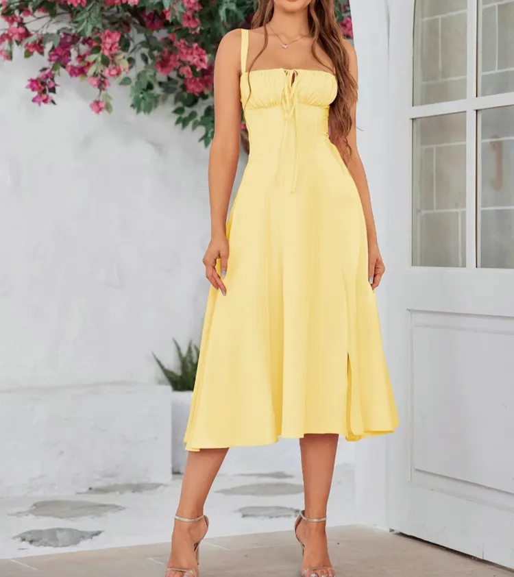 Plus Size Women's Elegant Lace Up Midi Dress – Square Neck, Tie Front