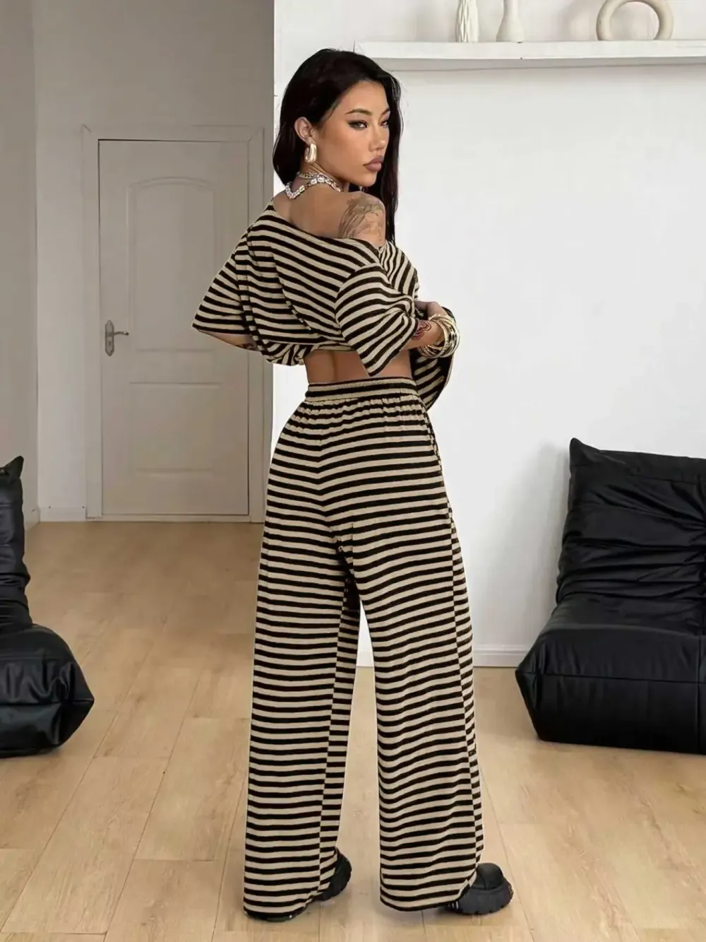 Women's Casual Streetwear Two-Piece Set, Comfortable Shoulder-Exposed Top & Wide-Leg Pants