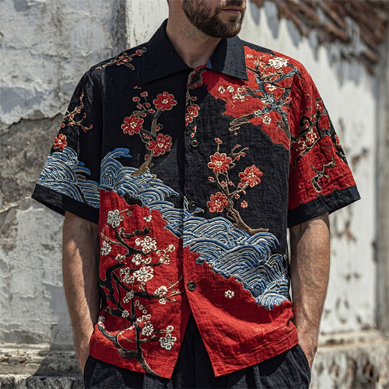 Men's Japanese Cherry Blossom And Wave Art Pattern Short Sleeve Shirt