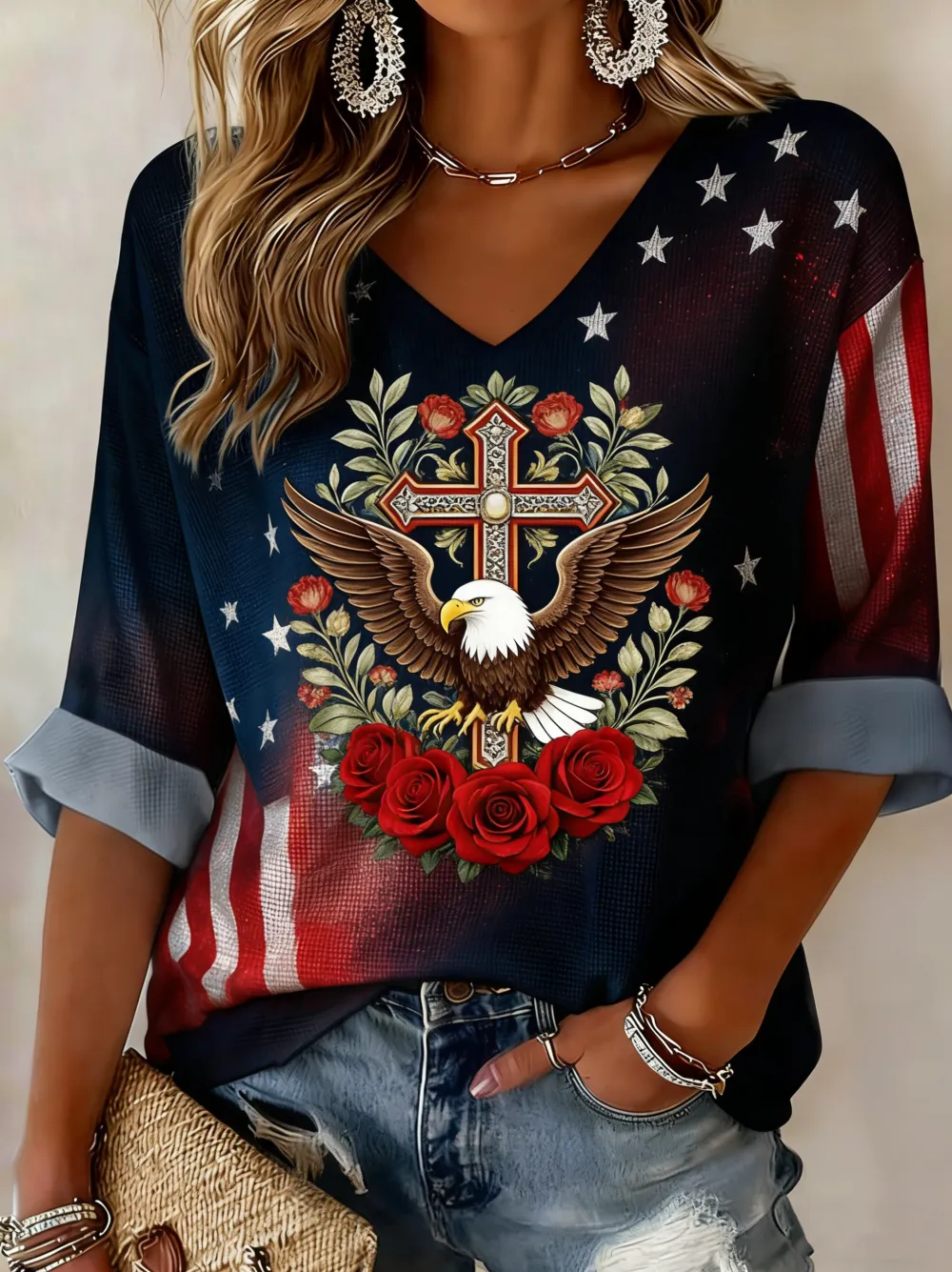 Women's American Faith Cross Rose Printed T-shirt