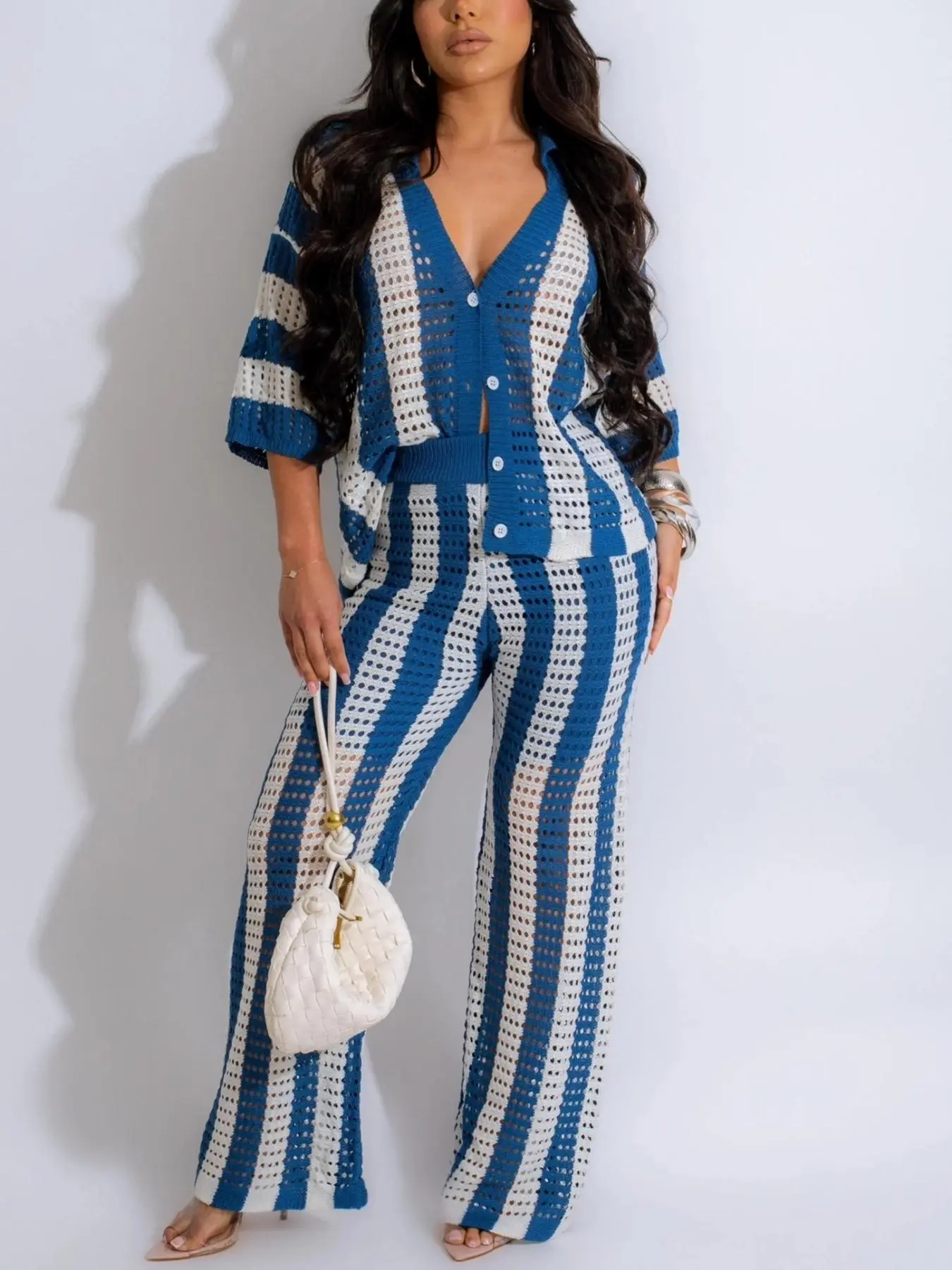 Two-Piece Set Women's Colorblock Striped Print Hollow Out Button Front Top & Wide Leg Pants