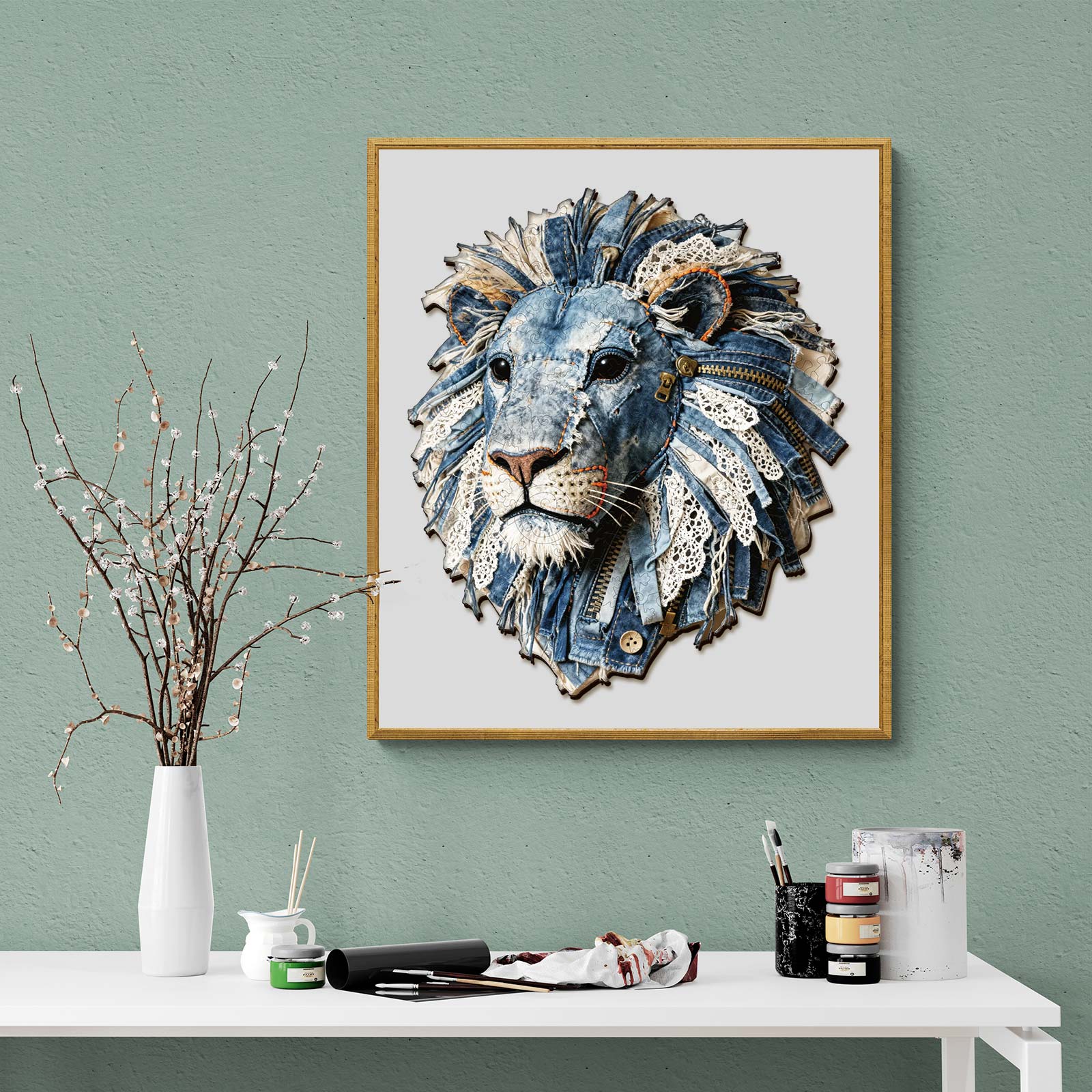 Denim Fabric Lion Wooden Jigsaw Puzzle