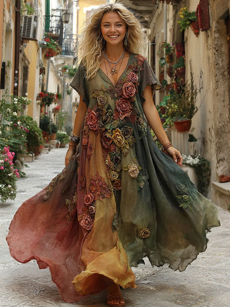 The Sunset Collection Vintage Rose And Floral Gradient Art Linen V Neck Maxi Dress