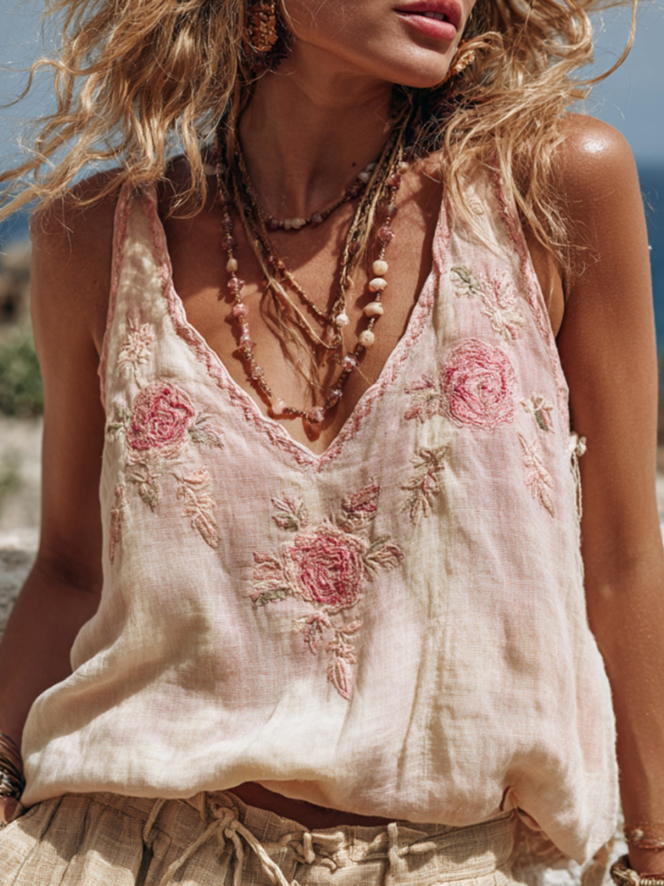 Women‘s Pink Rose Embroidery V-neck Tank Top