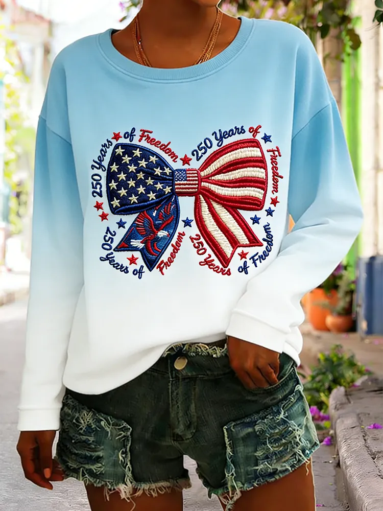 250 Years Of Freedom American Flag Bow Embroidered Gradient Sweatshirt