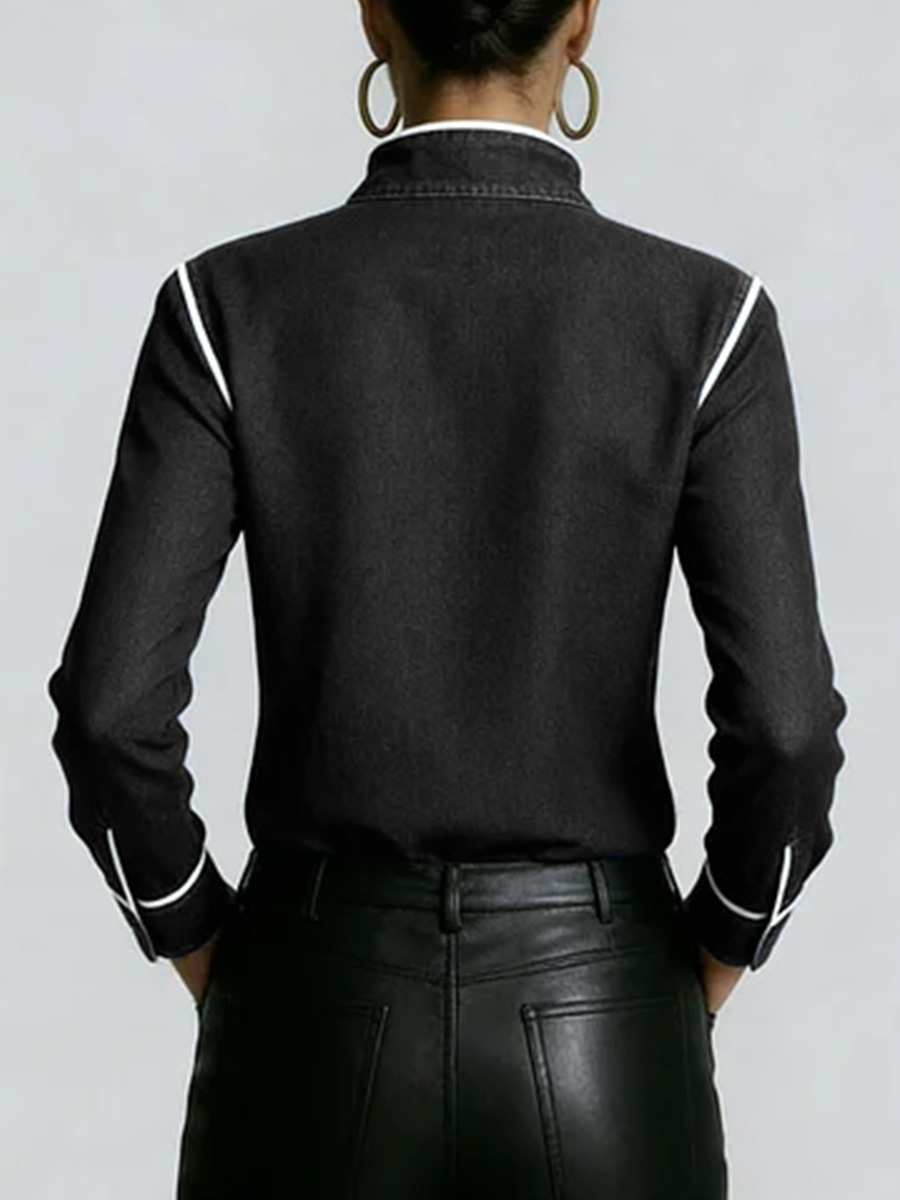 Women's Stand Collar Long Sleeve Casual Loose Denim Shirt