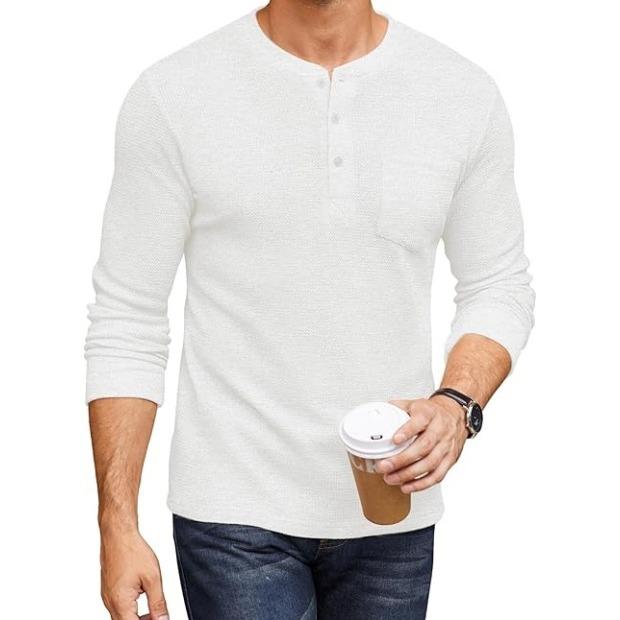 Men’s Long Sleeve Waffle Henley Shirt with Pocket