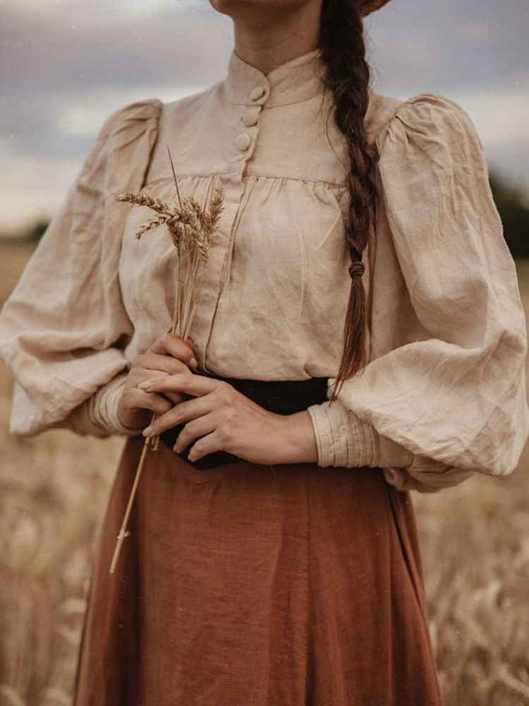 Vintage Button Puff Sleeve Comfy Long Sleeve Shirt e6d6