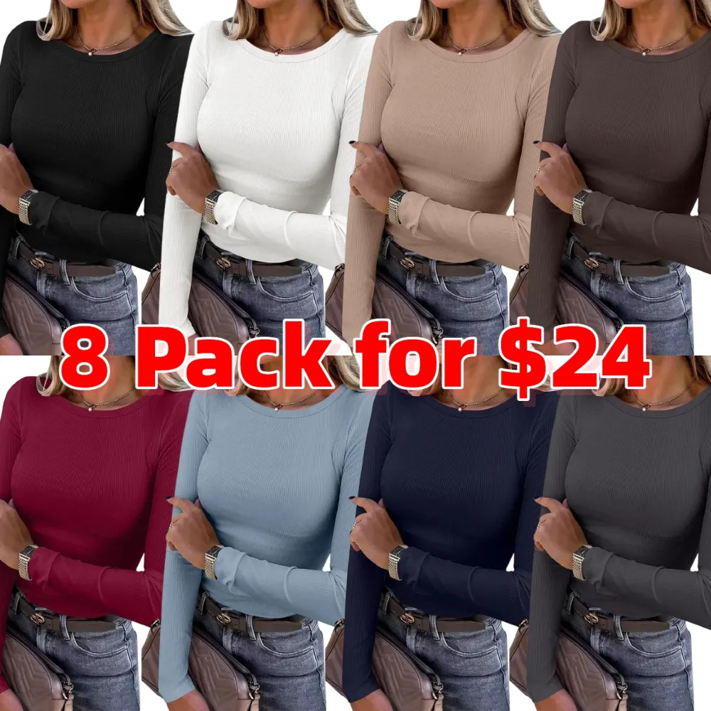 Women Long Sleeve Crewneck Rib Knit Slim Fit Shirts