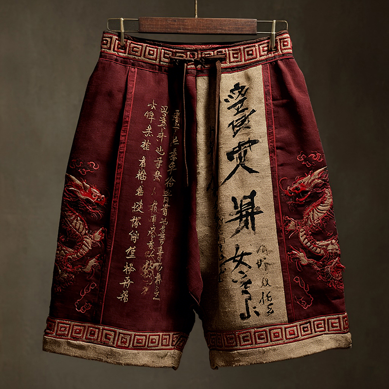 Men's Japanese Calligraphy And Dragon Art Linen Shorts