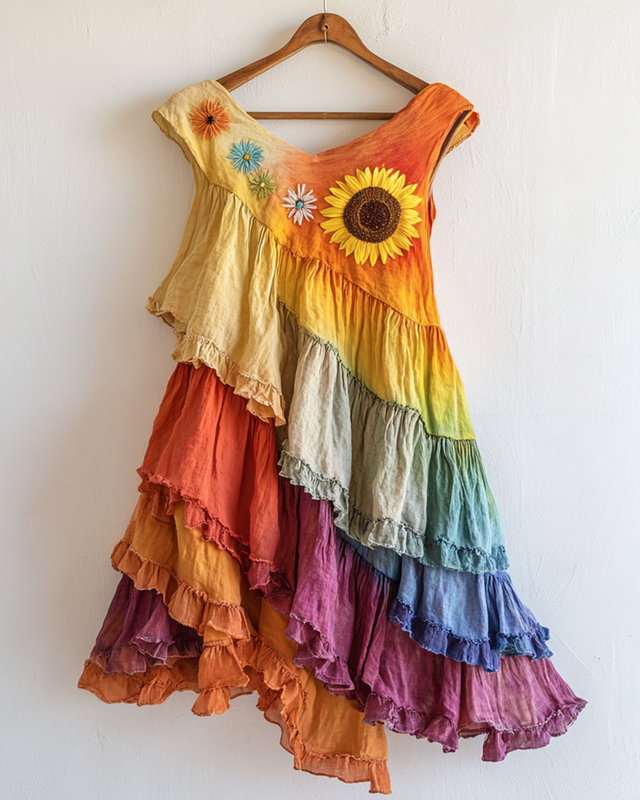 Rainbow Tie-Dye Ruffle Sunflower Embroidered Dress  1dc0