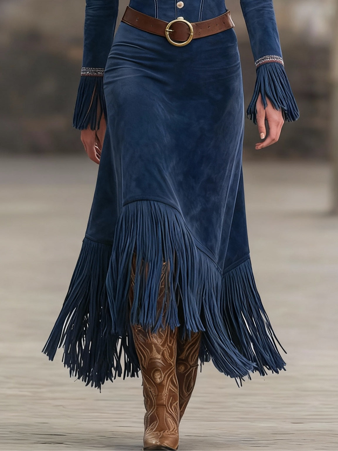 Retro Embroidered Dark Blue Faux Suede Tassel Maxi Dress(Includes belt)