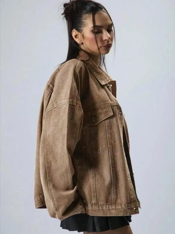 Women's Plain Button Front Drop Shoulder Denim Coat
