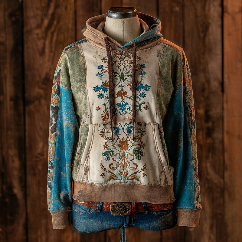 Women's Bohemian Floral Color-block Design Vintage Western Casual Hoodie