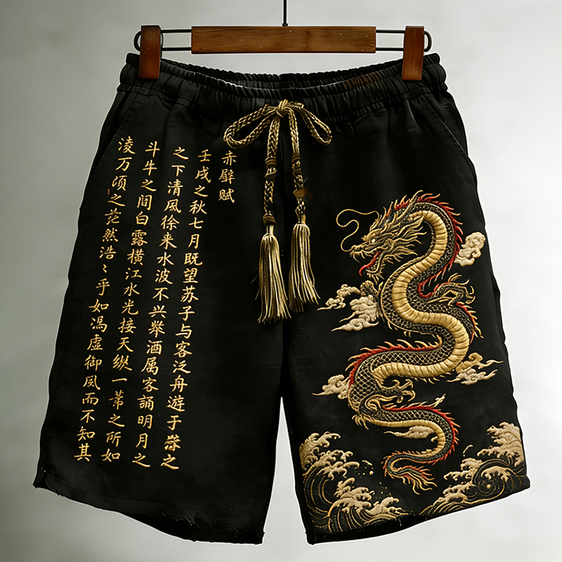 Men's Japanese Calligraphy Dragon Art Linen Casual Shorts