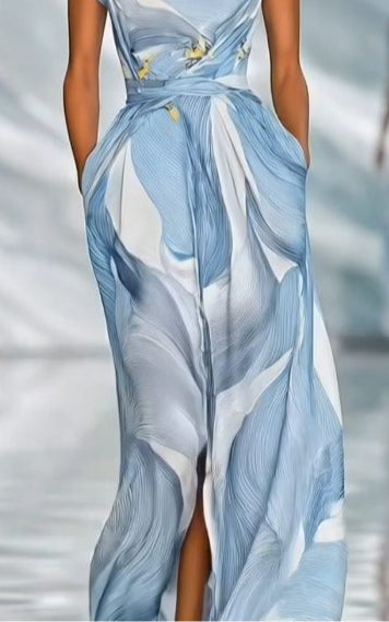 Blue abstract print short-sleeved chiffon dress