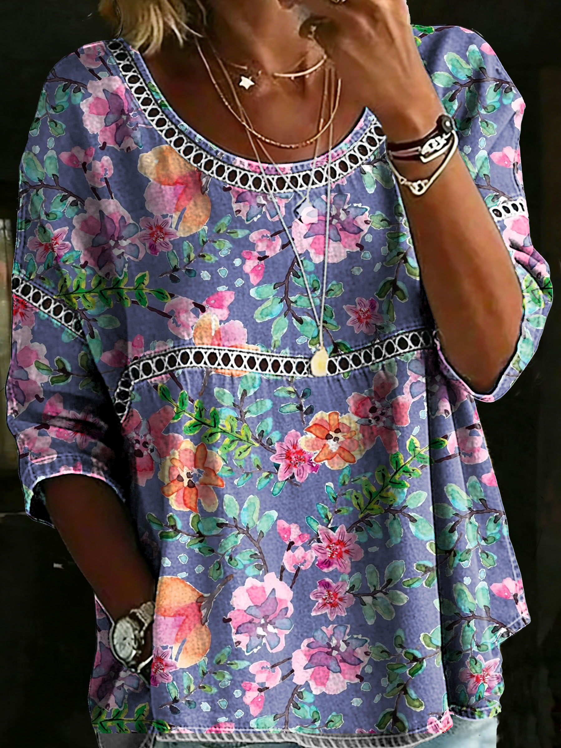 Women's Vintage Floral Casual Loose Denim Blouse Shirt