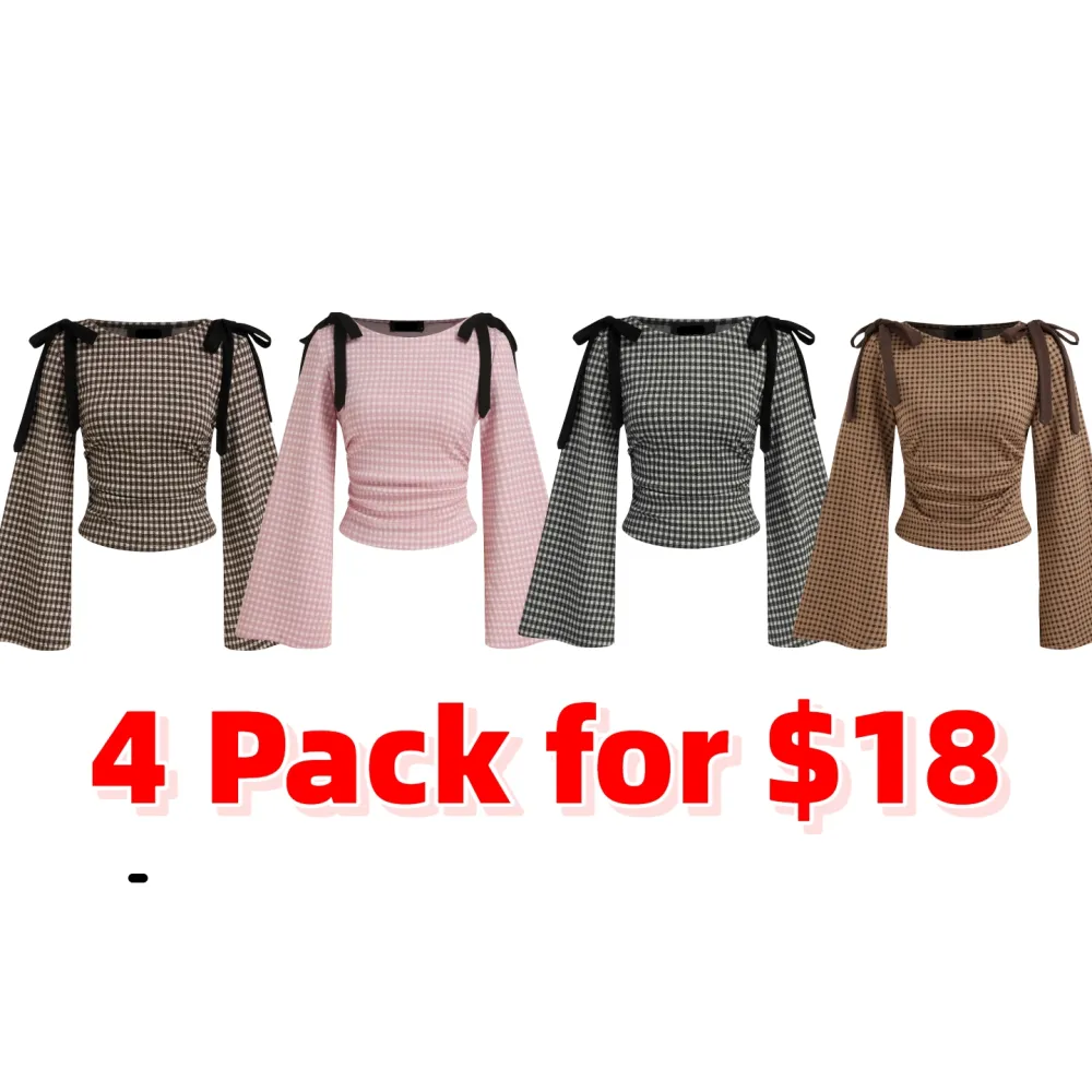 Boat Neck Gingham Bowknot Ruched Long Sleeve Top