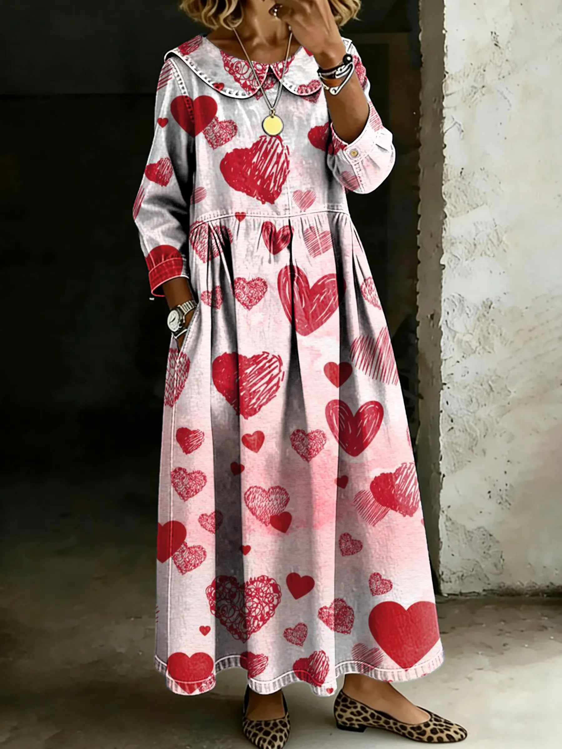 Women's Retro Multicolor Love Splicing Long-sleeved Loose-fitting Casual Denim Dress