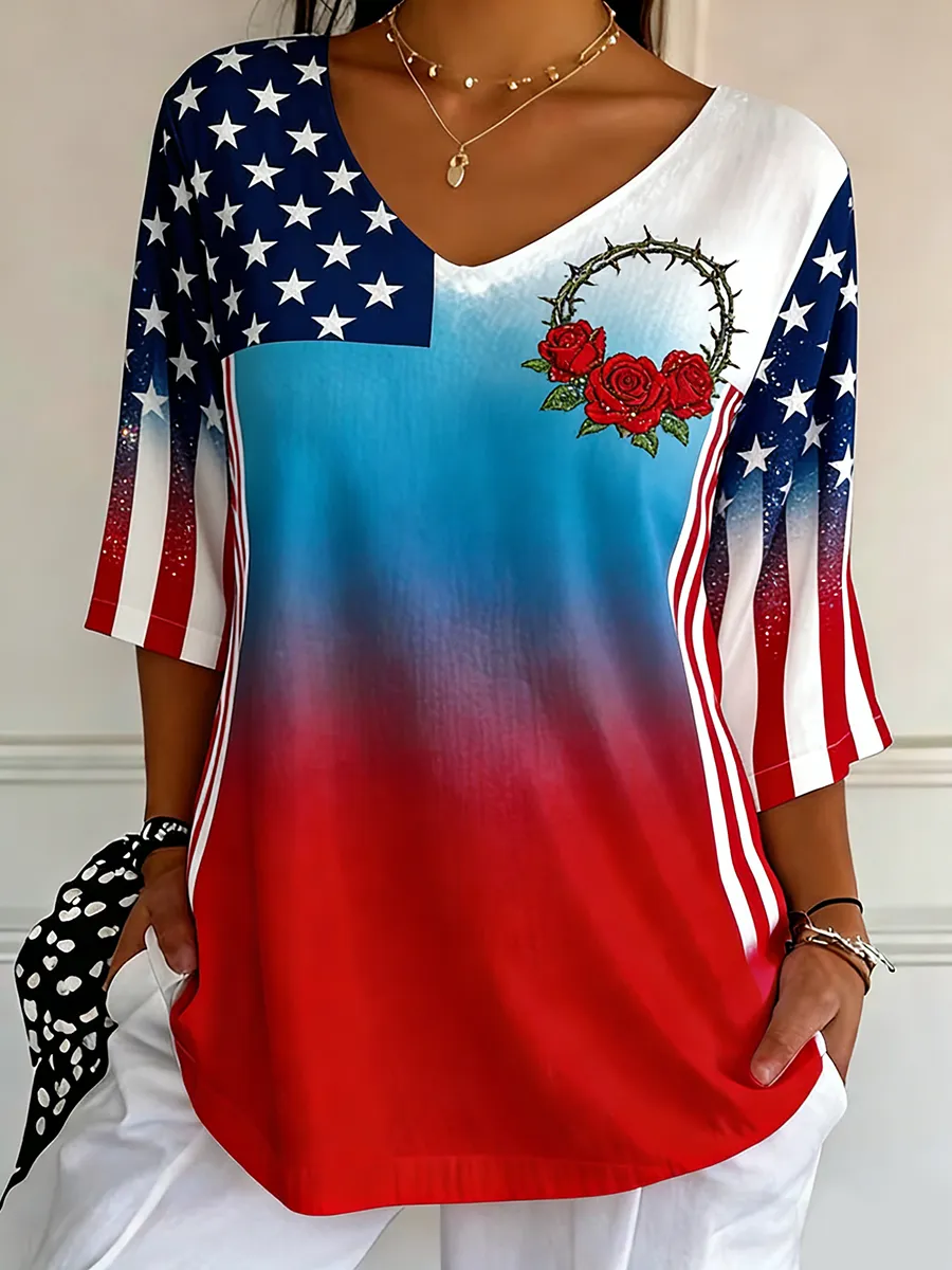 Thorn Crown & Rose American Flag Gradient V-Neck Top