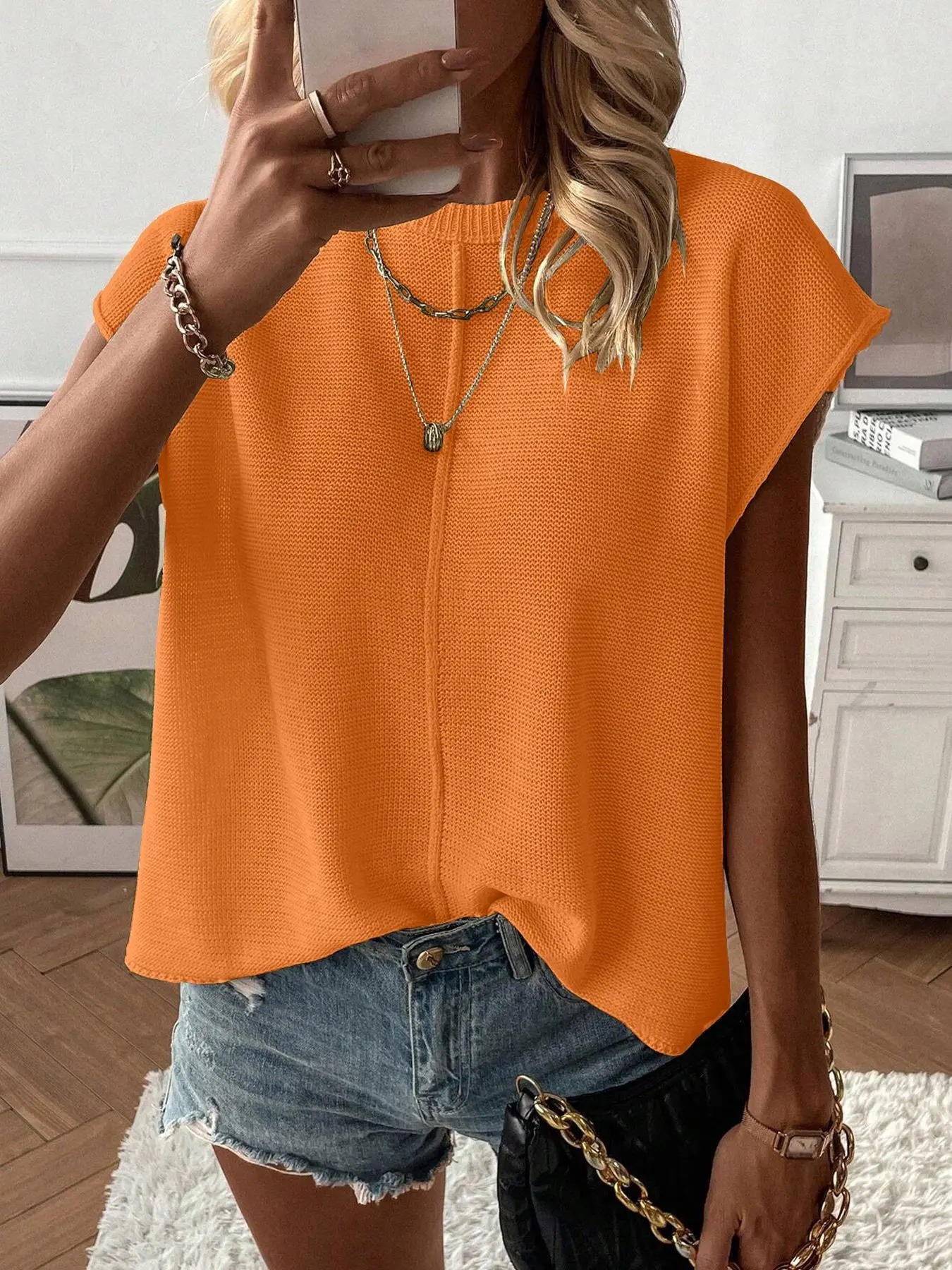 Women's Solid Color Round Neck Sweater Vest - Casual Lightweight Knit Top for Summer Daily Wear