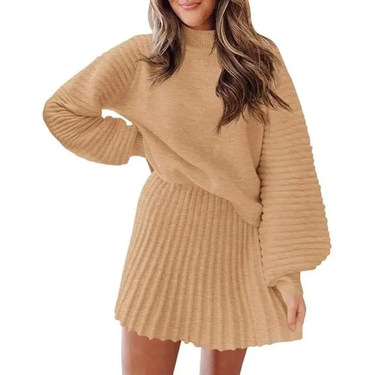 Women's 2 Piece Outfits 2025 Long Sleeve Mock Neck Ribbed Sweaters And Mini Skirt Two Piece Sets