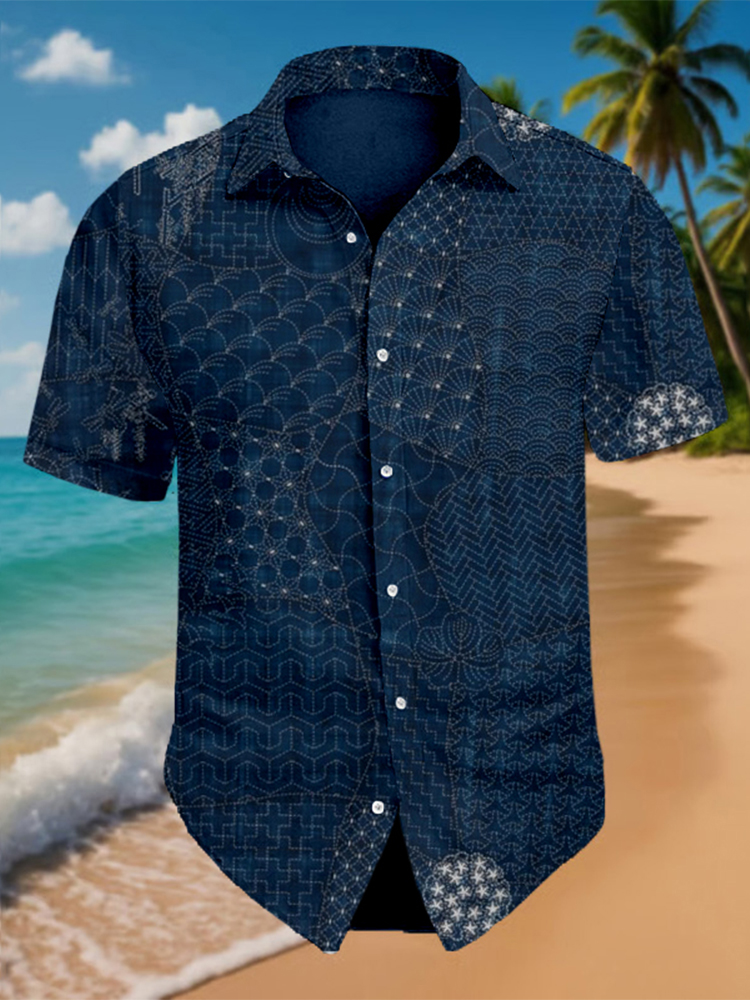 Men's Japanese Traditional Sashiko Art Beach Linen Shirt
