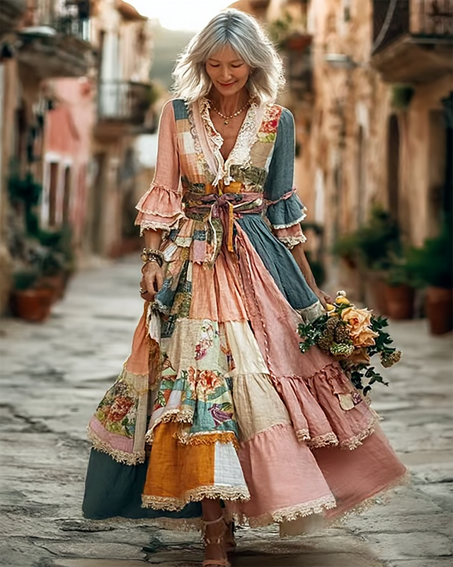 Women's Spring Outdoor Floral Embroidered Cotton-Linen Blend Dress 4584