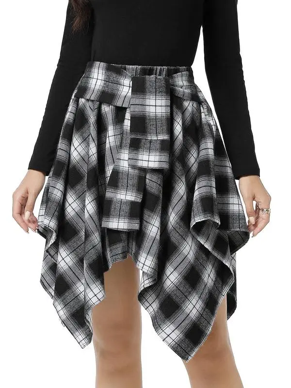 Women's Fashion Plaid Print Asymmetrical Hem High Waisted Skirt