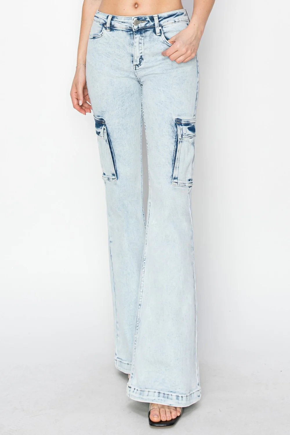 Full Size High Rise Cargo Flare Jeans