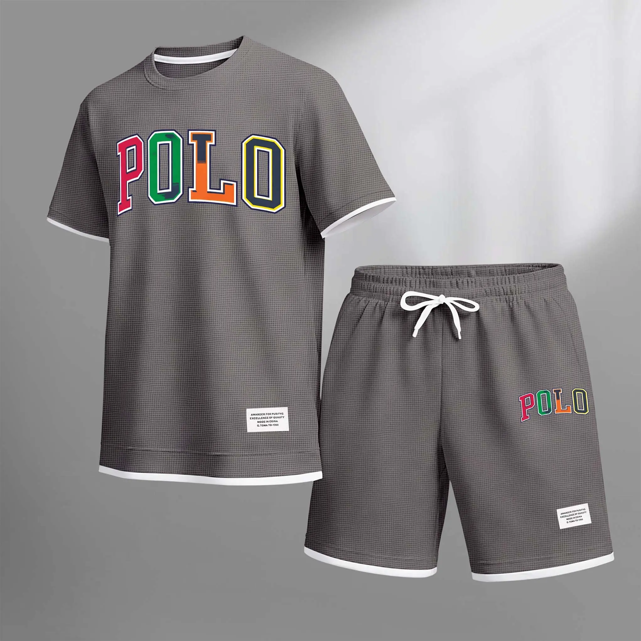 Men's Polo Print Drawstring Shorts Set For Spring/Summer
