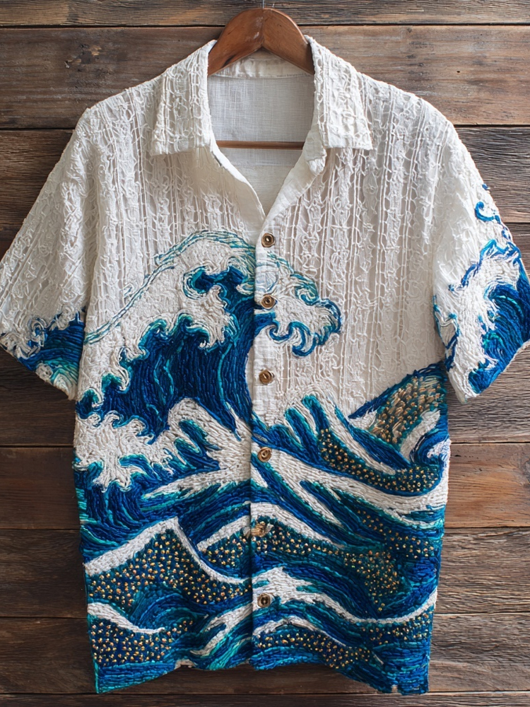 Vintage Ocean Waves Embroidered Comfy Linen Shirt