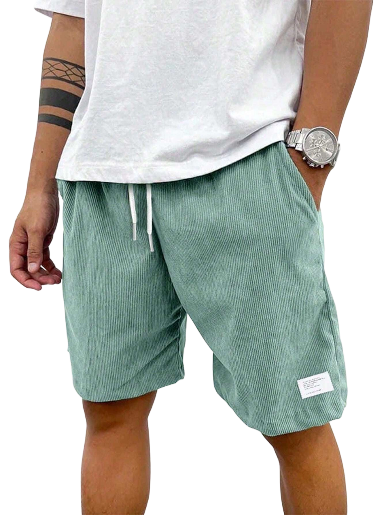 Men's Solid Patched Drawstring Waist Shorts