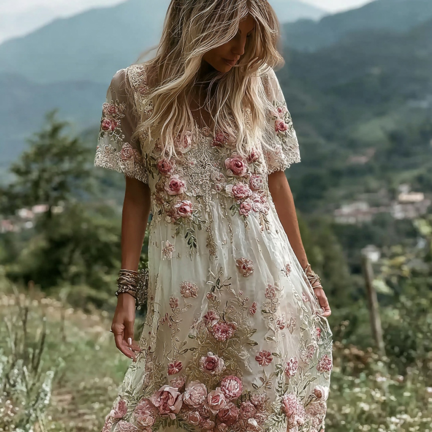 Women's Pink Flower Embroidery V-neck Linen Blend V-neck Short Sleeve Midi Dress