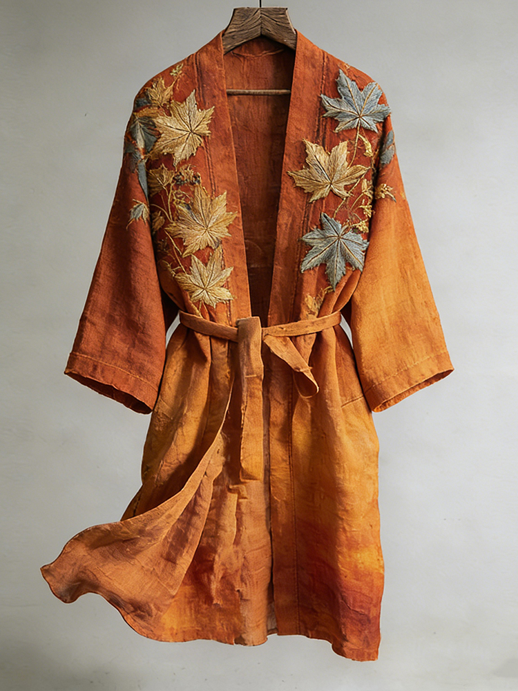 Japanese  Maple Leaf Print Linen Blend Long Kimono