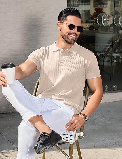 Men's Knit Polo Shirts Short Sleeve Ribbed Knitted Shirt Summer Lightweight Casual Golf Shirts