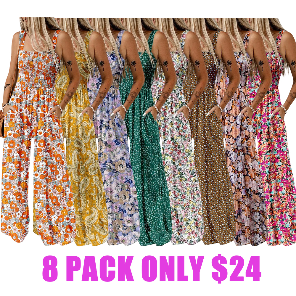 Women's Casual Loose Overalls Jumpsuits One Piece Sleeveless Printed Wide Leg Long Pant Rompers
