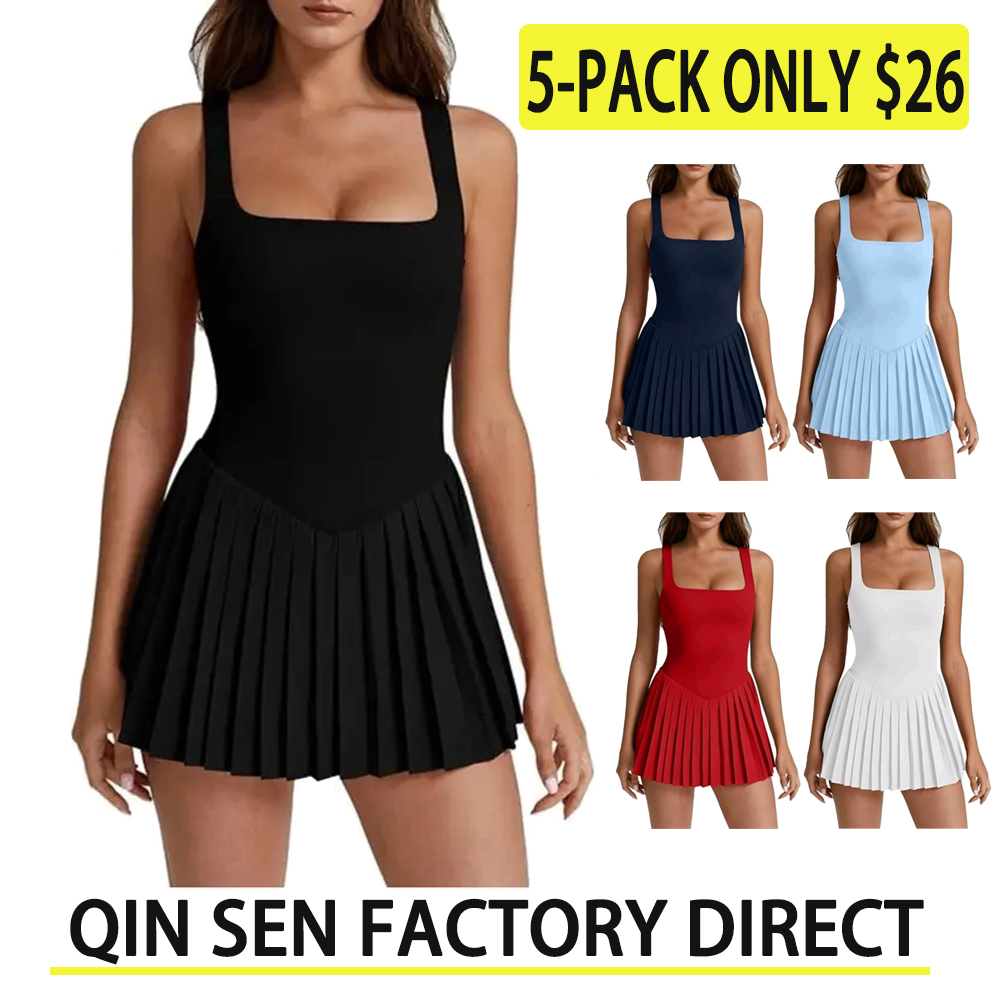 QINSEN Womens Square Neck Tennis DressPleated Sleeveless Built in Shorts Golf AthleticDress with Pockets