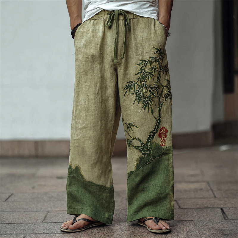 Men's Japanese Bamboo Embroidered Contrast Wide Leg Linen Pants