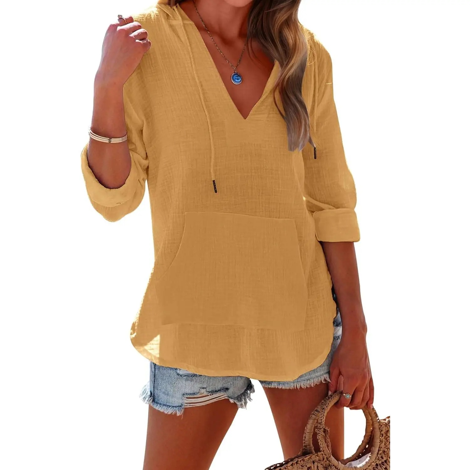 Women's Beach Cover Up hoodies sweatshirt Long Sleeve V Neck Pocketed Hooded Shirt Top