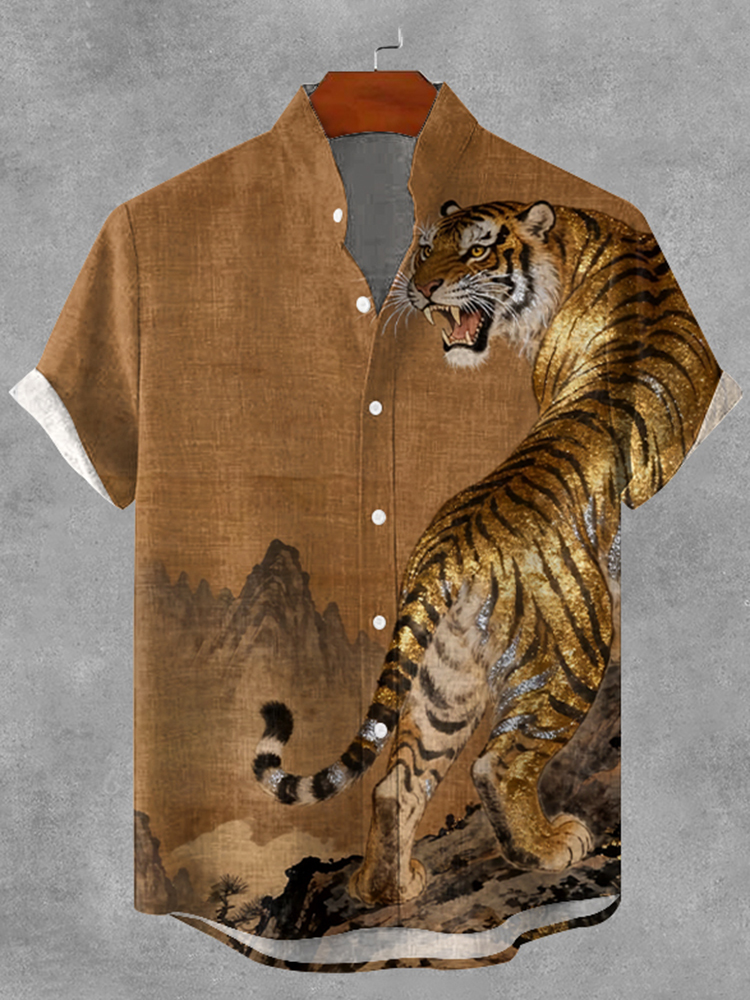 Men's Vintage Tiger Japanese Art Print Button Shirt