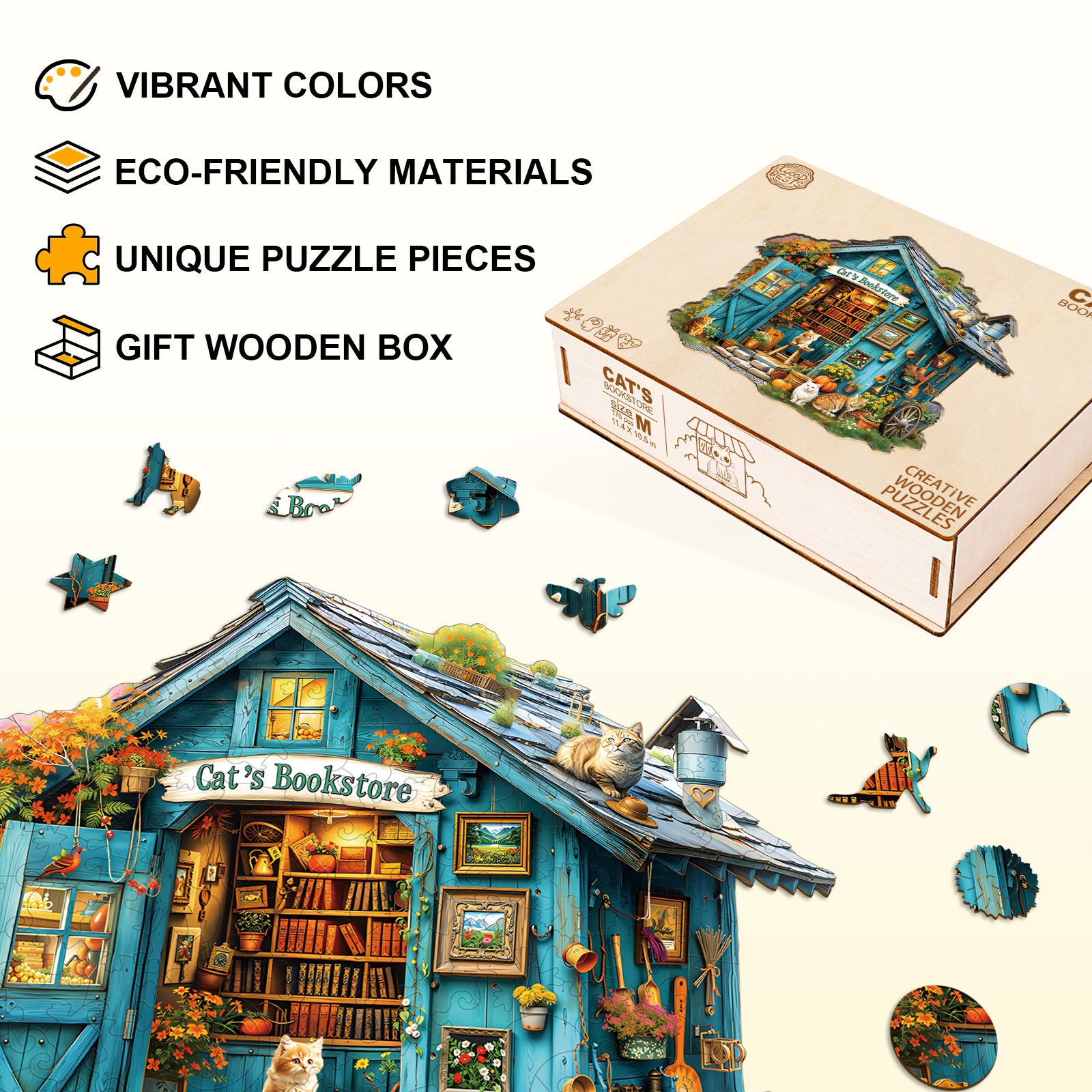 Cat's Bookstore Wooden Jigsaw Puzzle